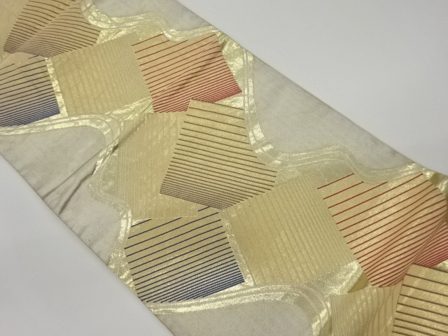 リサイクル　流水に色紙・縞模様織出し袋帯